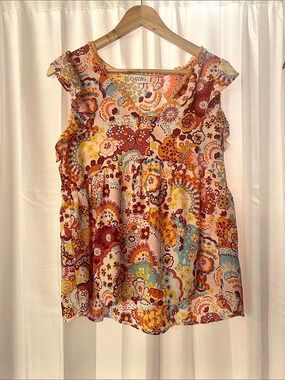 Emily Wonder Floral Blouse in Orange & Blue Size Small Like New